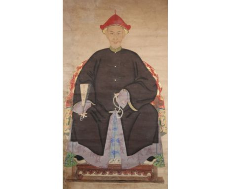 ANONYMOUS (QING DYNASTY) AN ANCESTOR PORTRAIT A Chinese painting, ink and colour on paper, 155cm x 80cm. Provenance: from a p