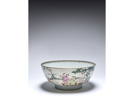 A GOOD CHINESE FAMILLE ROSE HUNTING BOWL 18TH CENTURY Brightly enamelled, with figures hunting using hounds, falcons, a gun, 