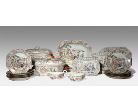 A CHINESE FAMILLE ROSE PART DINNER SERVICE MID 18TH CENTURY Brightly enamelled with scenes of figures and water buffalo besid