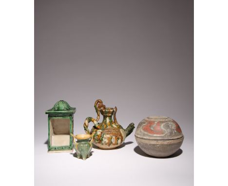 FOUR CHINESE POTTERY ITEMS HAN DYNASTY AND LATER Comprising: a sancai globular ewer with phoenix decoration on the lower body
