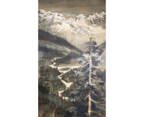 TANG HONG (MODERN) SPRING SCENE IN THE MOUNTAINS OF MONTANA A Chinese scroll painting, ink and colour on paper, the title-sli