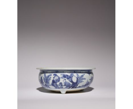 A CHINESE BLUE AND WHITE TRIPOD INCENSE BURNER 17TH CENTURY The compressed circular body painted to the exterior with officia
