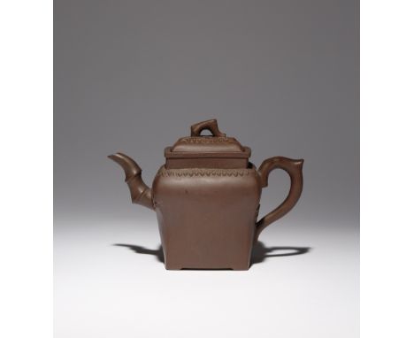 A CHINESE YIXING 'THREE FRIENDS OF WINTER' TEAPOT AND COVER 2ND HALF 18TH CENTURY The square-section body tapering from the s