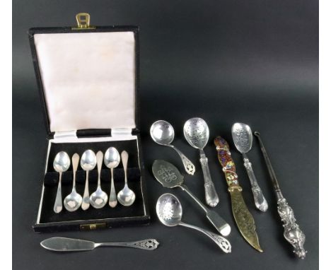 A cased set of six silver pointed end teaspoons, Sheffield 1943, a silver sifter spoon, ladle and butter knife, Edinburgh 197