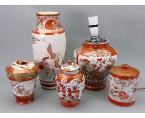 A group of Japanese Kutani wares, Meiji period, typical decoration and subjects, comprising; a baluster vase, adapted as a la