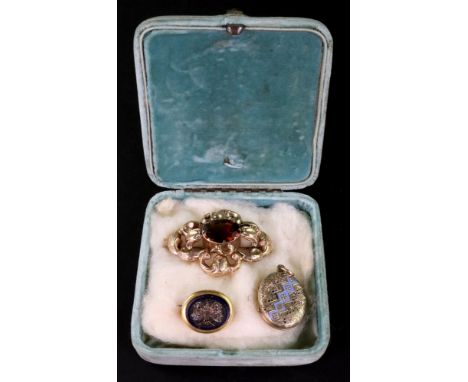 Three Victorian jewels, comprising; a gold and citrine brooch, centred with an oval mixed-cut citrine within a floral engrave