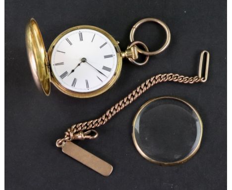 A half hunter fob watch, late 19th century, the white enamel dial with Roman numerals, to a short curb link watch chain, with
