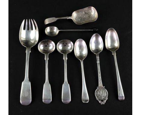 A Victorian silver fiddle pattern caddy spoon, Charles Boyton, London 1859, the shaped rounded bowl foliate engraved, 9.5cm l