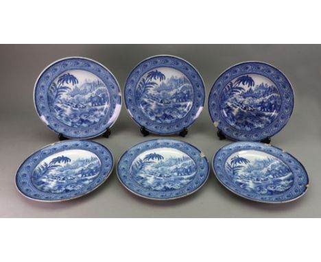 A set of six English blue and white earthenware dinner plates, early 19th century, printed with an Indian landscape scene of 
