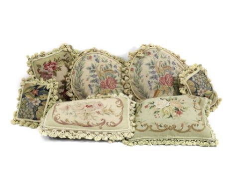 A collection of seven tapestry cushions, late 20th century, in Victorian and earlier style, bird, floral and fruit patterns, 