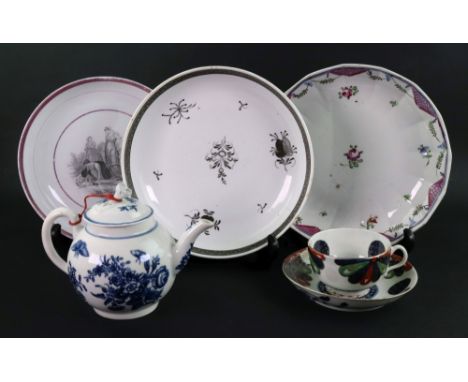 A group of English porcelain, late 18th/.19th century comprising; a Worcester blue and white bullet shaped teapot, printed wi
