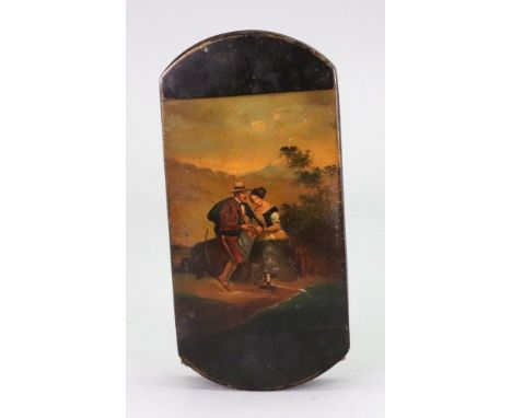 A Stobwasser style papier mache mounted leather cigar case, labelled I.P.H., first half 19th century, rectangular with curved