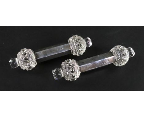 A pair of silver mounted cut glass knife rests, Edward John &amp; Noble Haseler, Birmingham 1911, 12cm wide.