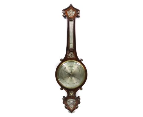 D Gugeri Boston; a Victorian rosewood wheel barometer thermometer, with scroll carved borders, bird and foliate mother of pea