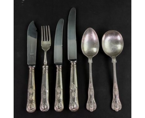 A set of ten Kings pattern electroplate soup spoons, stamped R B for The Rifle Brigade and one dessert spoon, 14 table and 12