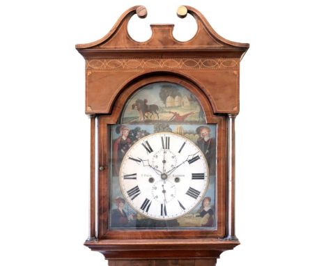 F.Reid Glasgow; a George III mahogany longcase clock, boxwood strung barber pole banded and inlaid, the arched hood with brok