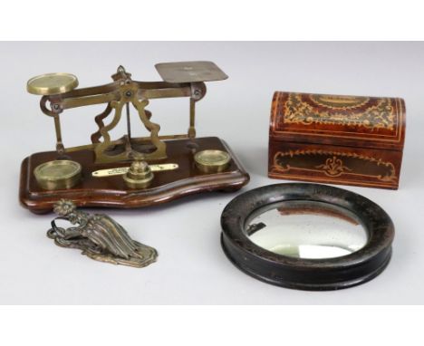 A Victorian gilt metal letter clip, Merry Phipson &amp; Parker, 10cm wide, a set of brass letter scales and weights, on a woo