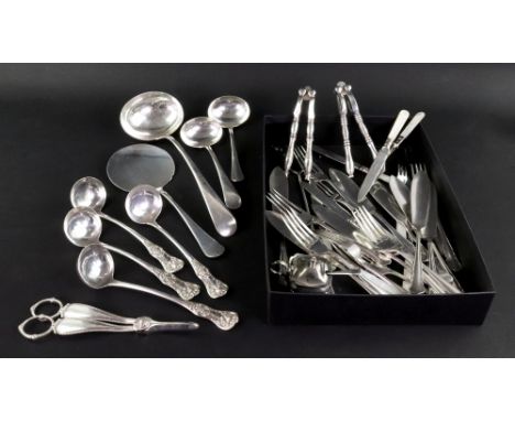A set of four Scottish Queens pattern electroplate toddy ladles, single struck, a pair of grape shears with wriggle work bord