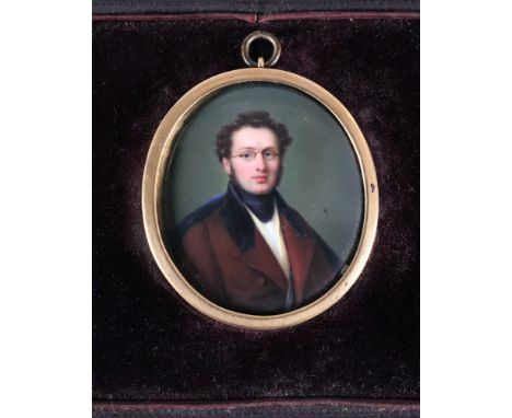 English School, 19th Century, A portrait miniature of a gentleman in a brown coat, wearing glasses, watercolour, 4 x 3.5cm, i