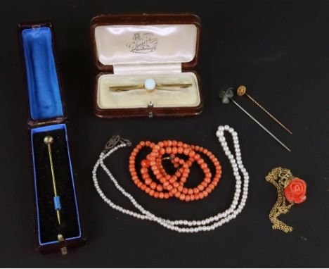 A collection of jewellery, comprising; a coral bead necklace, the beads graduated approximately 5.9 - 3.3mm, approximately 44