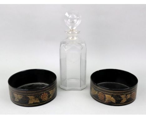 A pair of Regency circular black papier mache coasters, gilt with fruiting vines, 12.5cm deep and a similar period square gla