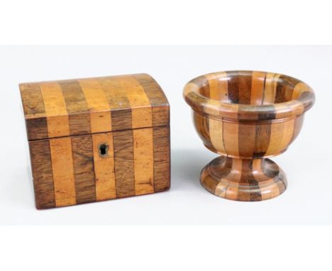 An early 19th century rosewood and satinwood banded tea caddy, with hinged domed top, 12cm wide x 9.5cm deep and a similar st