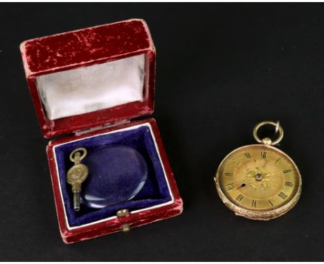 A late 19th century Swiss gold cased open face pocket watch with a frost-gilded key wind bar cylinder movement, part textured