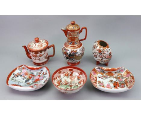 A group of Japanese Kutani wares, Meiji period, typical decoration and colours, comprising: a teapot and a matched cover, a j