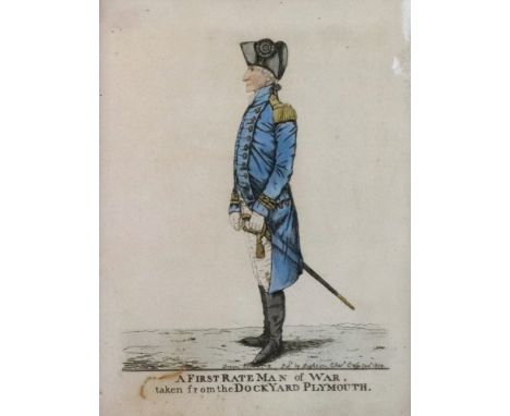 Dighton, Four colour engravings: A First Rate Man of War, Sir David Dundas, An Officer of The 15th or Kings Hussars, A Gentle