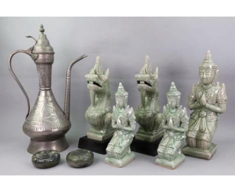 A group of Thai celadon glazed pottery figures, modern, comprising; Three praying figures, largest 36cm high and a pair of dr