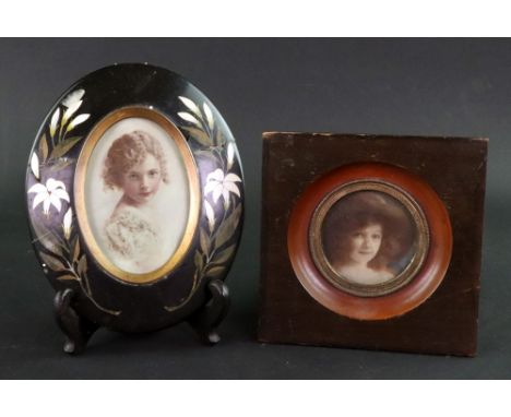 English School, 19th Century, A portrait miniature of a girl, watercolour, 8 x 5.5cm, in a pietra dura frame, together with a
