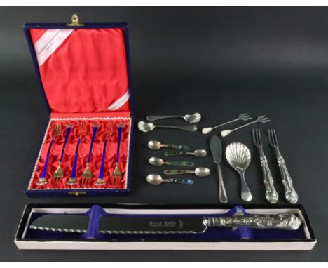 A cased set of 6 Danish silver gilt and blue enamel three prong forks, Ela, detailed sterling 925 S, boxed silver Queens patt