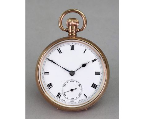 Admiral, a 9ct gold cased open face keyless pocket watch, circa 1928, 21 jewel lever movement, adjusted, white enamel dial wi