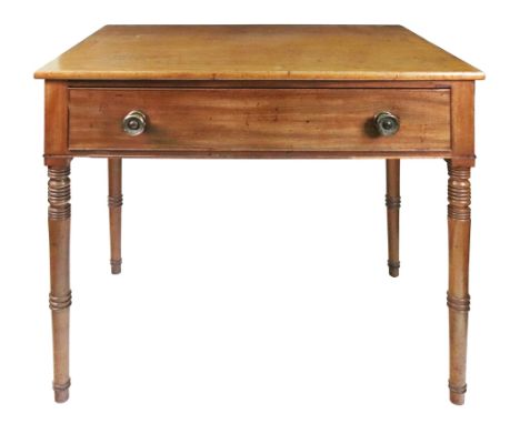 A Regency mahogany side table, the rectangular top above a frieze drawer, on ring turned legs, 92cm wide x 60cm deep x 83cm h