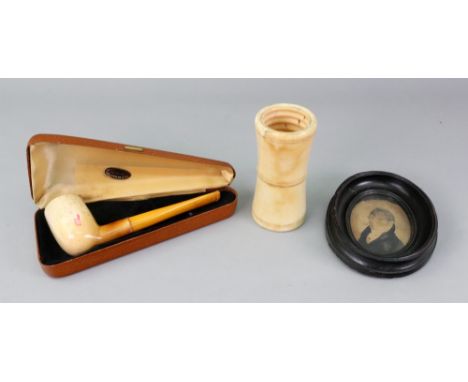 A Meerschaum pipe with amber mouthpiece, 14.5cm long, in a fitted case labelled Wm. Astley &amp; Co Ltd, 109 Jermyn St., S.W,