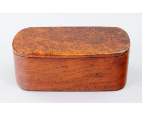 A yew and burr yew snuff box, first half 19th century, rectangular with rounded ends and hinged cover, 10.5cm wide.Illustrate