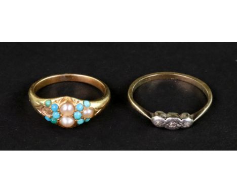 An early 20th century gold, turquoise and half-pearl cluster gypsy ring, unmarked, size M, 2.2g gross; together with a tiny d