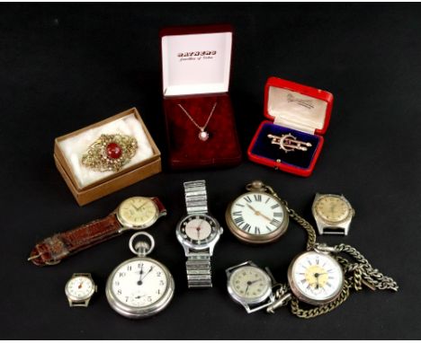 A mixed lot of jewellery and watches, comprising; an early 20th century gold and red paste twin-bar and beaded-crescent brooc