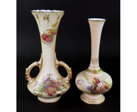 A Royal Worcester two handled vase, early 20th century, compressed baluster form, painted with flowers against a shaded ivory