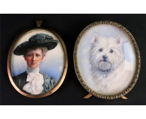 English School, 19th Century, A portrait miniature of a lady wearing a hat, watercolour heightened with white, 8 x 6cm, toget