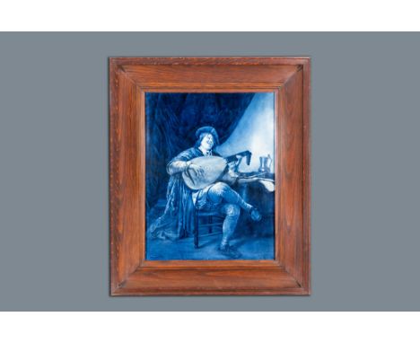 Full title: A large Dutch Delft blue and white Porceleyne Fles plaque: 'Self-portrait as a lute player', after Jan Steen, 20t