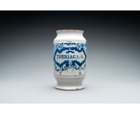 Full title: A blue and white Brussels faience albarello type drug jar, 18th C.Description: H.: 20,5 cmCondition reports and a