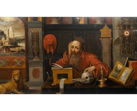 Full title: Flemish school, follower of Joos van Cleve (ca. 1485-1540), oil on panel, 16/17th C.: Hieronymus in his studyDesc
