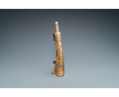 Full title: An engraved mythological subject stag antler horn powder flask, probably Germany, 19th C.Description: H.: 31 cmÊD