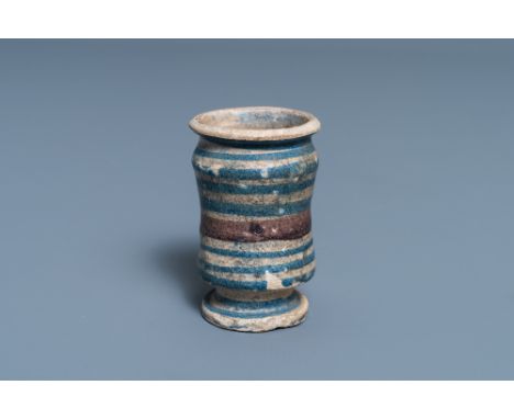 Full title: A small blue, white and manganese maiolica albarello, Antwerp or Northern Netherlands, 16/17th C.Description: H.: