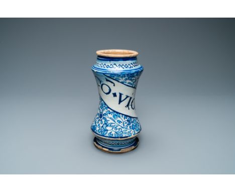 Full title: A blue and white Antwerp maiolica 'a foglie' albarello, mid 16th C.Description: H.: 19,5 cmCondition reports and 