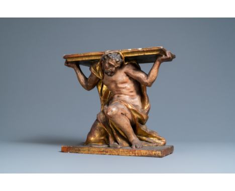 Full title: A polychromed and gilded wooden console in the shape of a kneeled Atlas figure, Italy, 17th C.Description: H.: 37