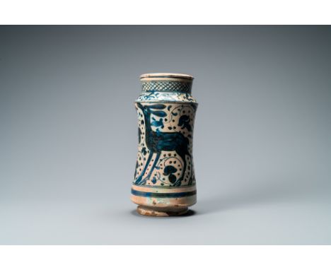 Full title: A Hispano-Moresque blue and white albarello with a deer, Paterna or Manises, Spain, mid 15th C.Description: H.: 2