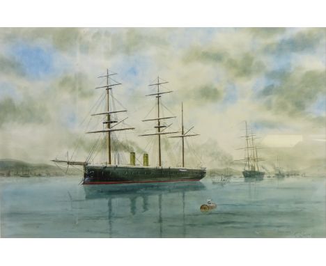 'Ironclads' - Steam Ship Portrait, 20th century oil on canvas signed and dated '86 M Shorte with Lighthouse Scene verso by th