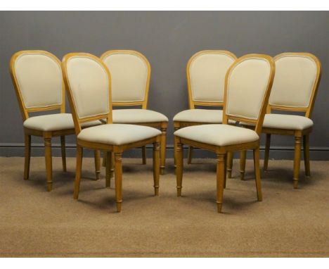 Set six light oak framed John Lewis dining chairs, upholstered back and seat with a natural linen fabric, turned supports 